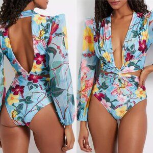 NWT PatBO Cut-out Plunge Bodysuit Blue-Multi Printed Floral Blouson Sleeve Sz XS